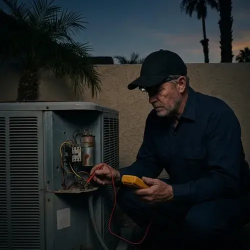 HVAC technician diagnosing electrical issues during a central AC repair service call.