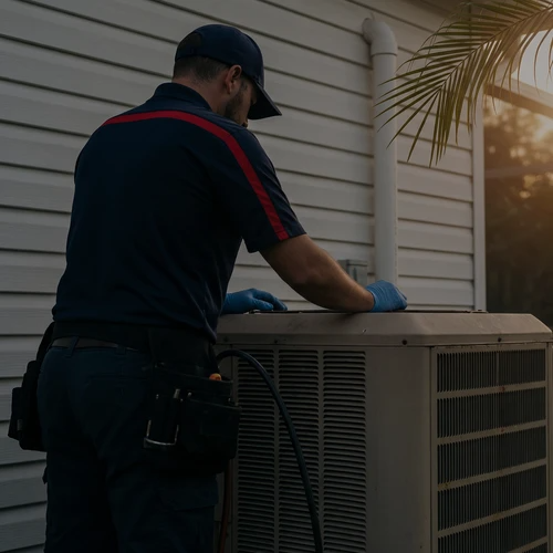 HVAC technician in a navy and red polo shirt servicing an outdoor AC condenser unit beside a white siding Florida home, with a palm tree and warm golden sunlight in the background.