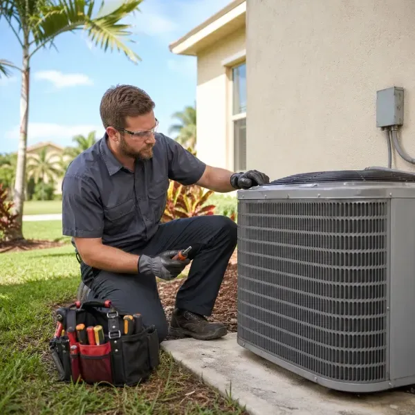 Licensed air conditioning contractor in St. Cloud FL inspecting outdoor AC unit with homeowner