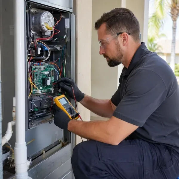 Furnace repair technician in St. Cloud FL testing electrical components with multimeter