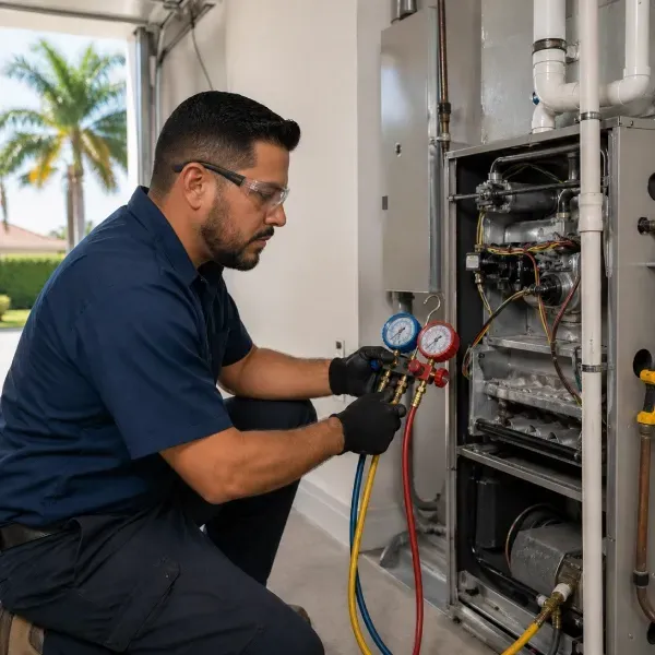 Heating contractor in St. Cloud FL diagnosing furnace pressure with manifold gauge
