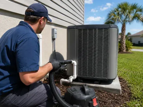 HVAC technician servicing a residential AC condensate drain line at the outdoor unit.