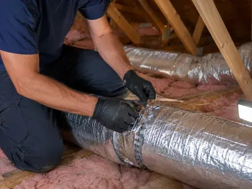 HVAC technician repairing residential ductwork in a Florida attic.