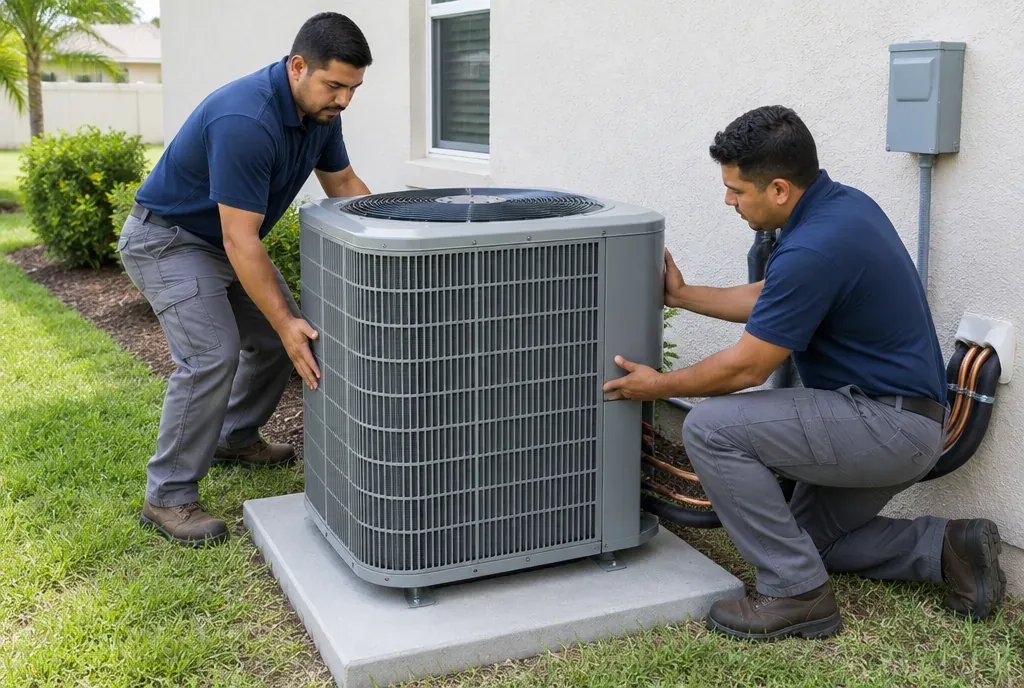 Two HVAC technicians setting a brand new outdoor AC condenser on a fresh concrete pad beside a light stucco Florida home, copper line set visible