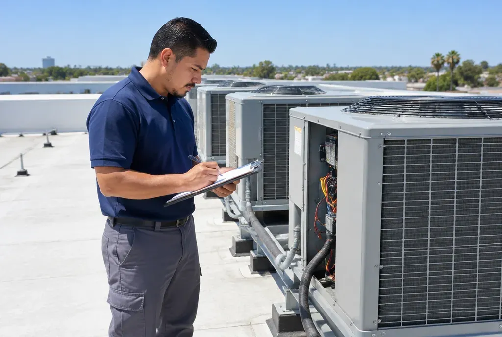 HVAC technician servicing a row of rooftop commercial AC units on a flat roof, clipboard checklist in hand, bright sunny day