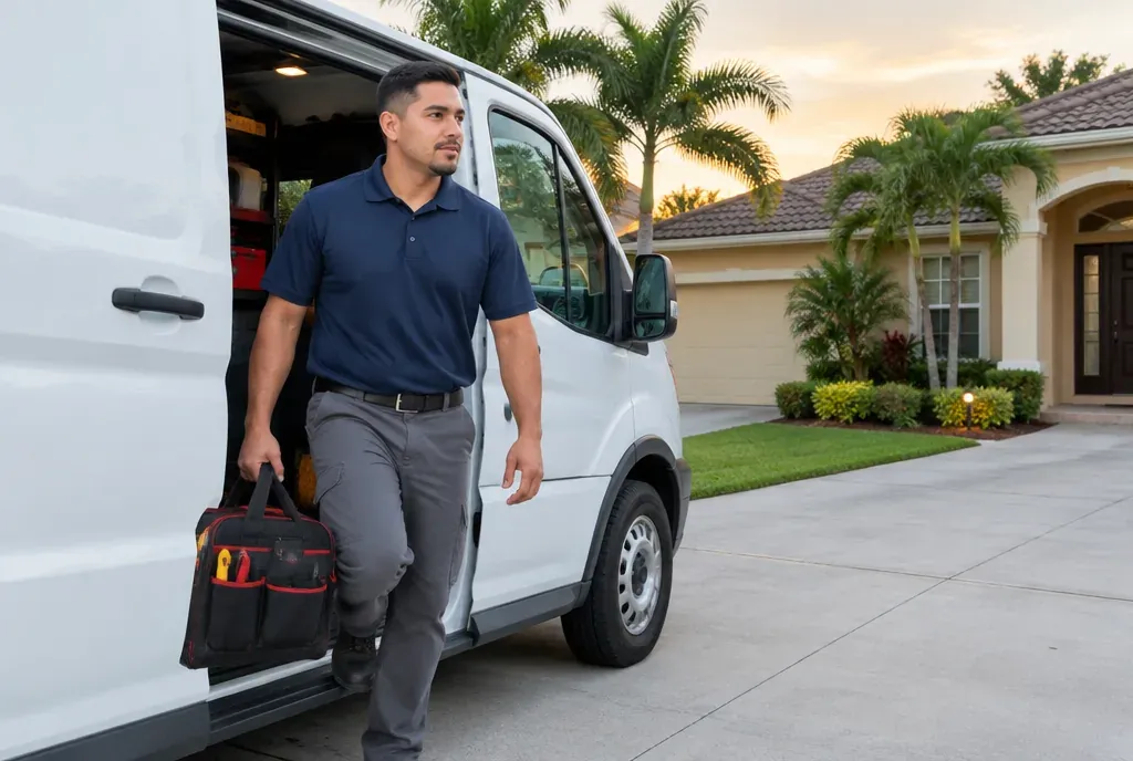 HVAC technician stepping out of a clean white service van with no lettering in the driveway of a Florida home, tool bag in hand, early evening