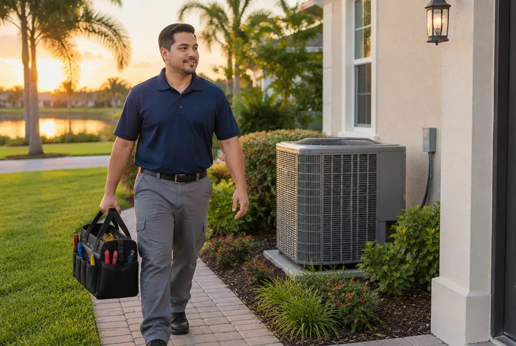 HVAC technician arriving with a tool bag at a Florida home's front walkway in early evening golden light, outdoor AC unit beside the house