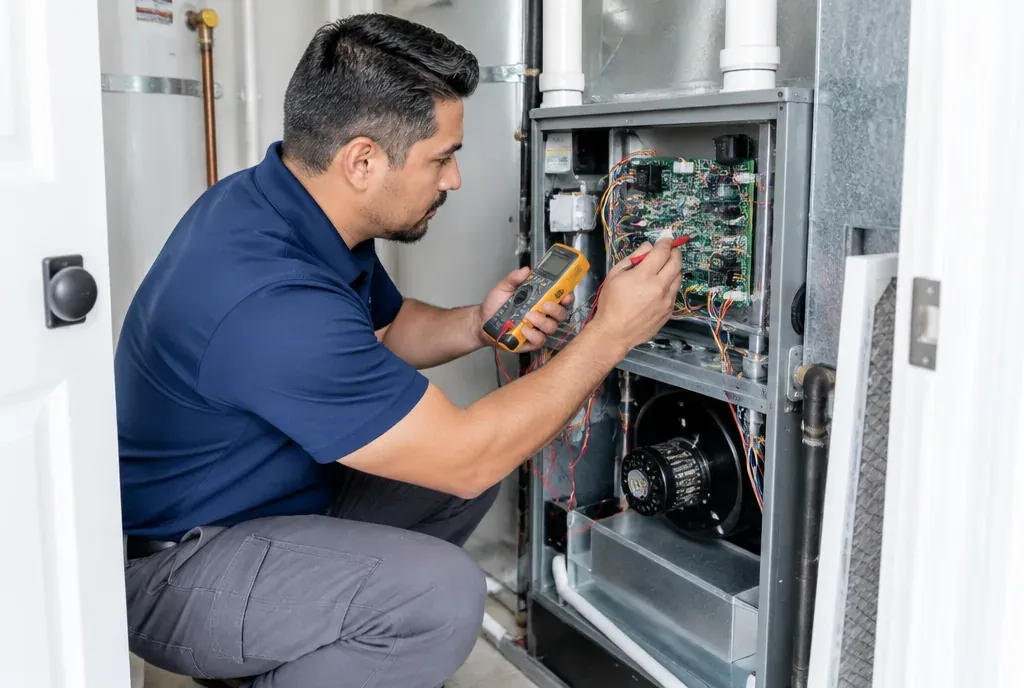 HVAC technician diagnosing an indoor furnace with the panel open, checking the control board with a meter, bright utility closet