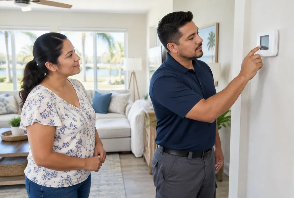 HVAC technician adjusting a wall thermostat while a homeowner watches in a bright, cozy Florida living room