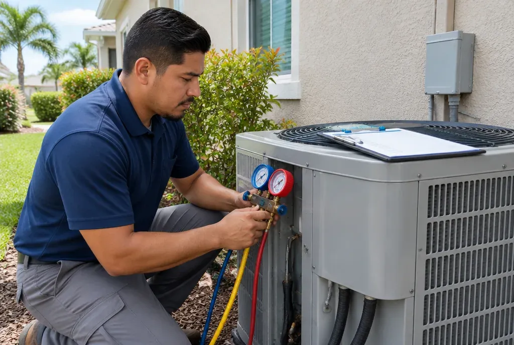 HVAC technician performing a tune-up on an outdoor AC unit, clipboard checklist resting on the unit, stucco Florida home
