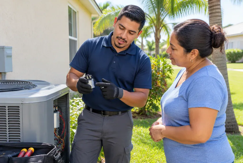 HVAC technician beside an outdoor AC unit showing a homeowner the part he replaced, outside a stucco Florida home