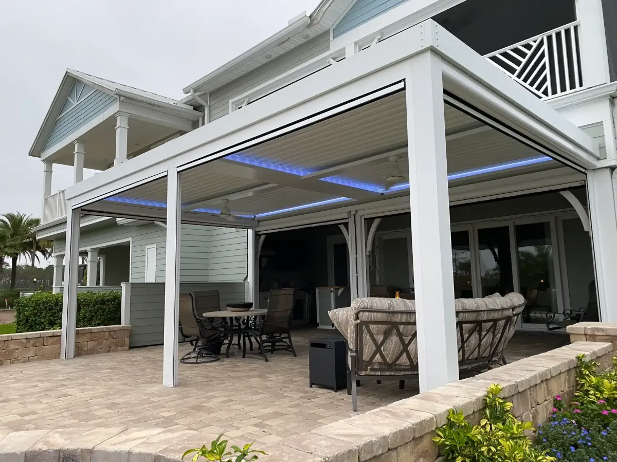Attached StruXure pergola with integrated motorized screens residential home Northeast Florida