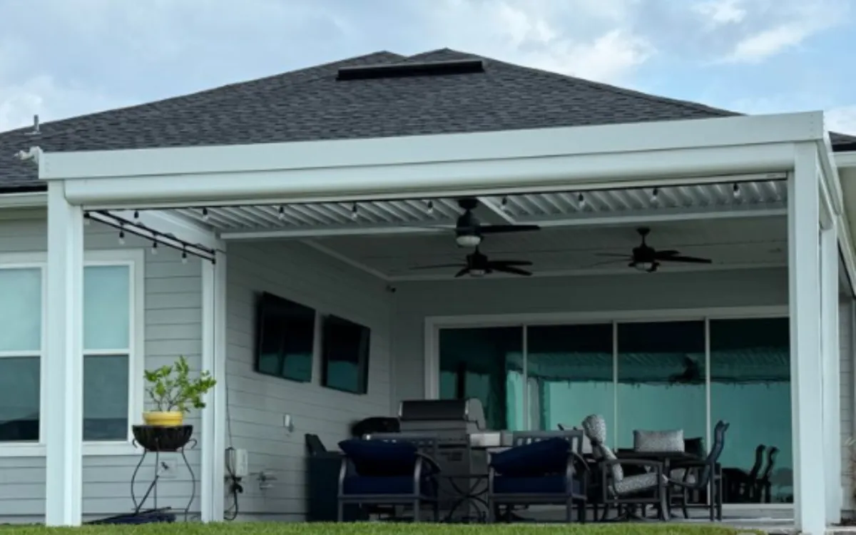 Covered outdoor living room with StruXure pergola and screens St. Augustine Florida