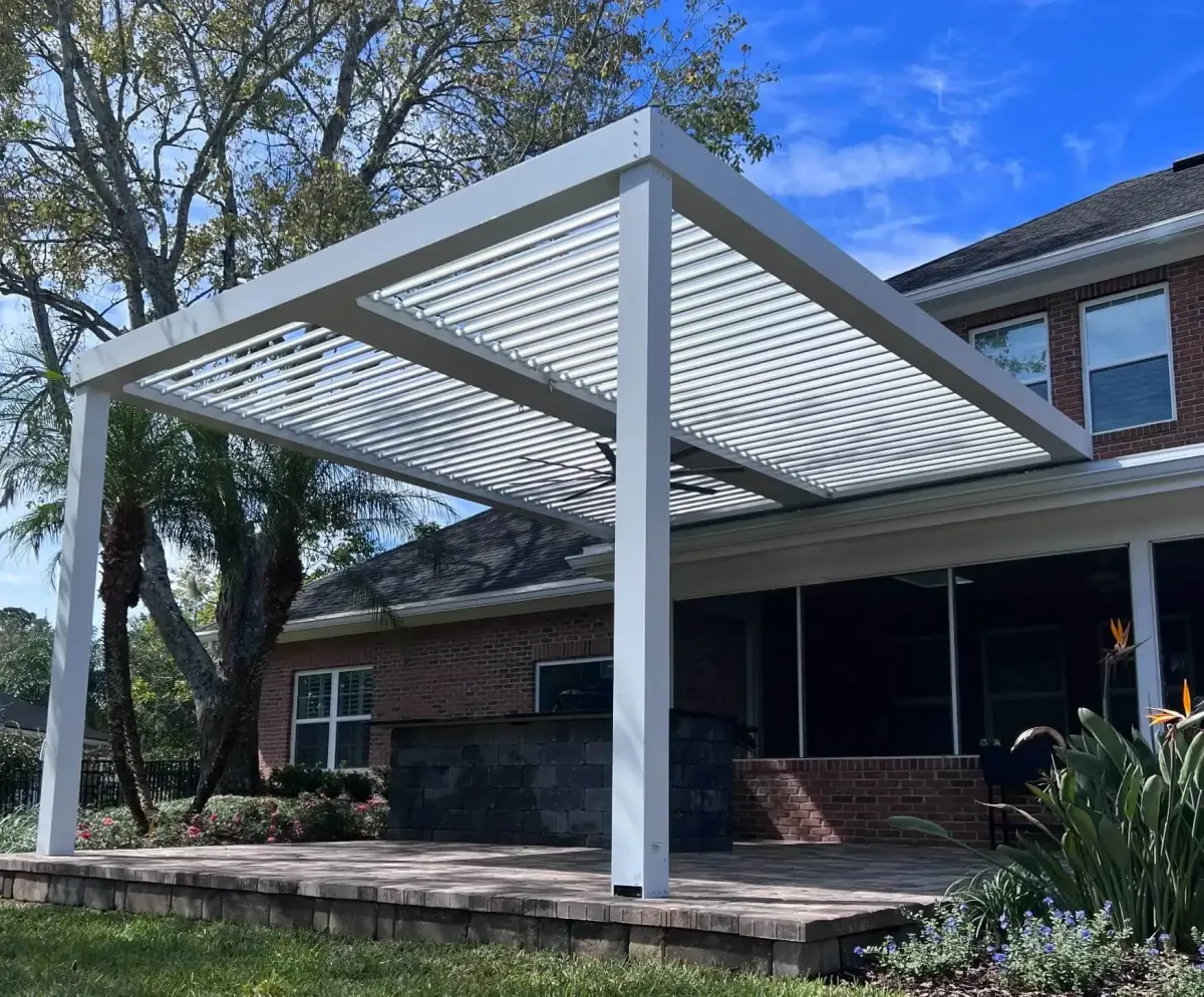 Residential StruXure pergola with screens white frame attached home St. Johns County Florida