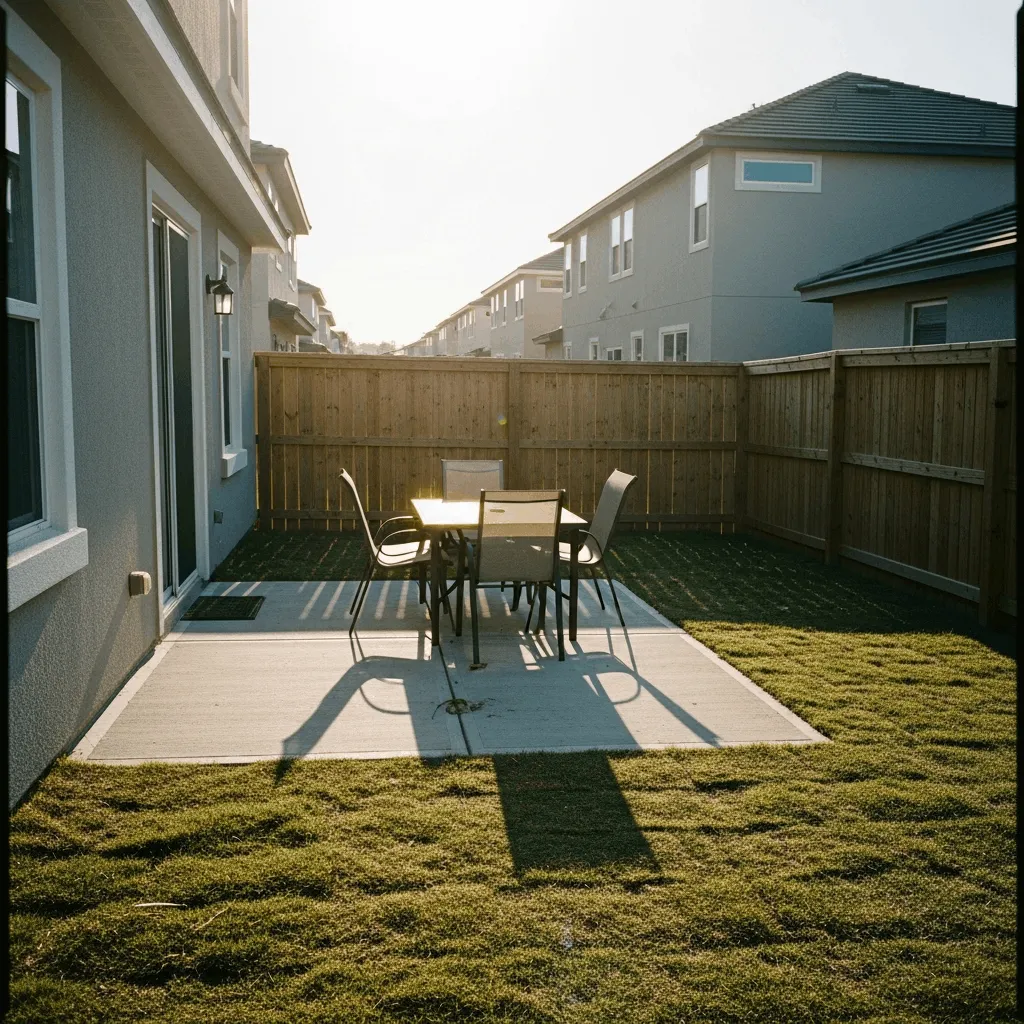 You Paid $600,000 For A Nocatee Home But Your Outdoor Area Is Still Builder-Grade — basic concrete slab patio with minimal furniture on a 25x40 foot lot showing the Nocatee outdoor living gap between builder-grade concrete and sod delivery versus the resort-style outdoor entertaining, shade solutions, pergolas, and outdoor kitchens that premium Nocatee homeowners want and neighbors already have