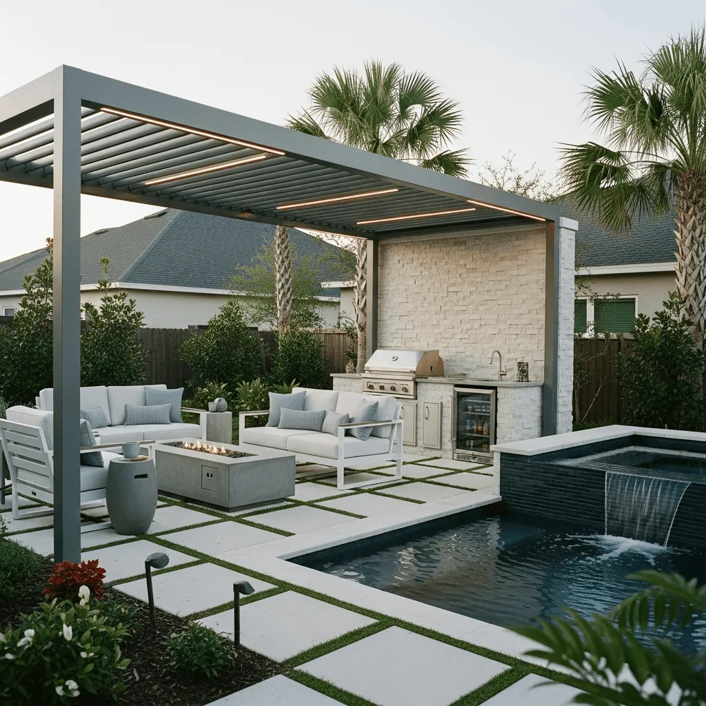 Titan Outdoor Solutions — 150+ outdoor living spaces built in Nocatee across Coastal Oaks, Twenty Mile Village, Timberfield, Crosswater, Settlers Landing, Greenleaf Village, Del Webb, Eagle Landing and Preserve neighborhoods, featuring a luxury StruXure pergola with outdoor kitchen, fire pit, pool, and premium stone patio, BBB A+ accredited StruXure Certified Dealer with 30+ years experience and full Nocatee HOA approval expertise