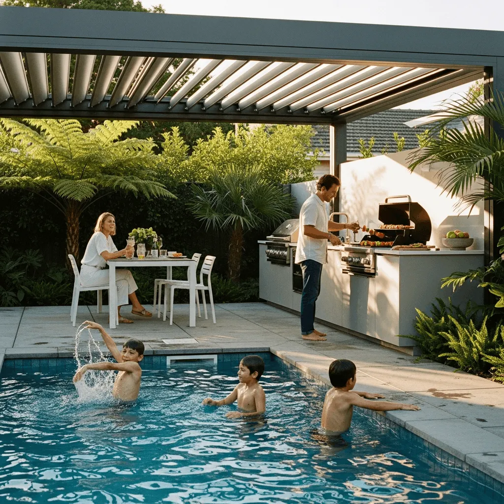 Family enjoying backyard oasis with plunge pool, outdoor kitchen under StruXure pergola, and children swimming on sunny afternoon