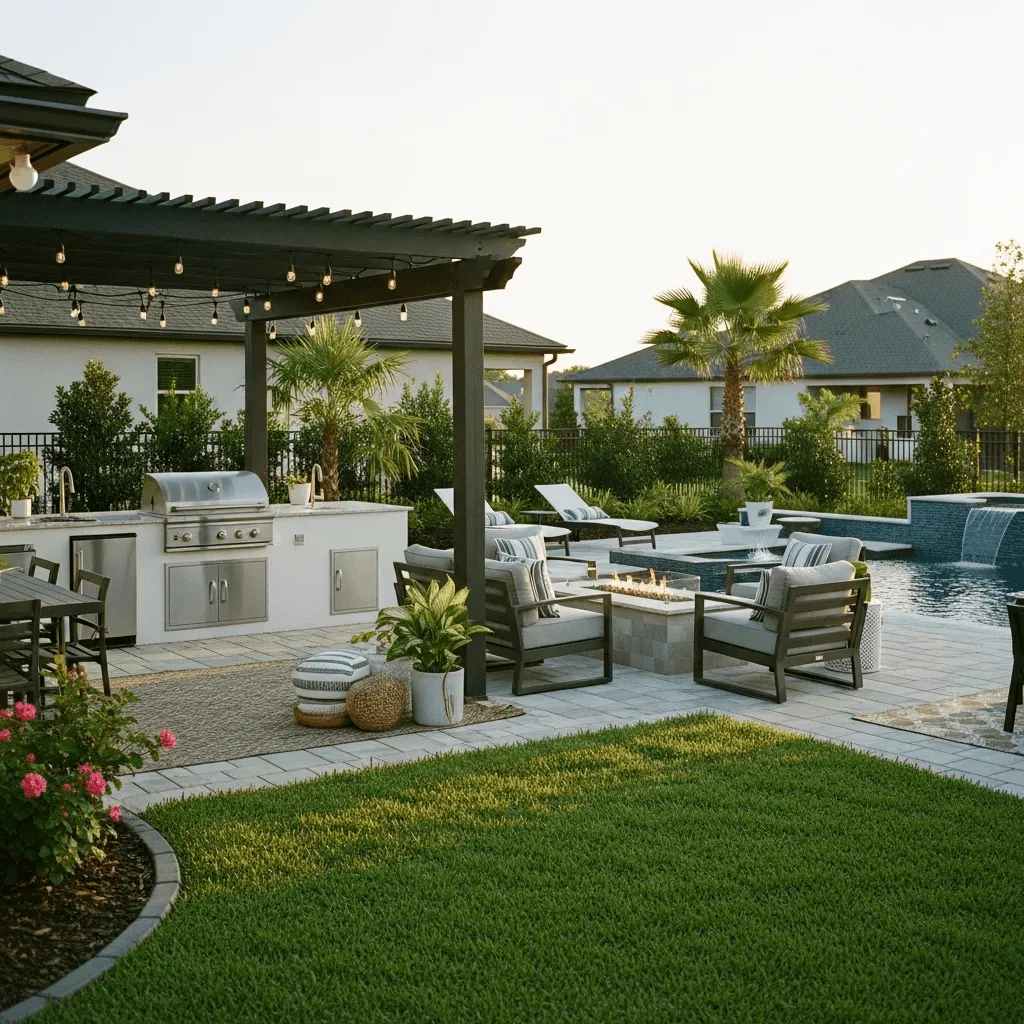 Luxury backyard with pergola, built-in outdoor kitchen, pool, and patio seating area with manicured lawn