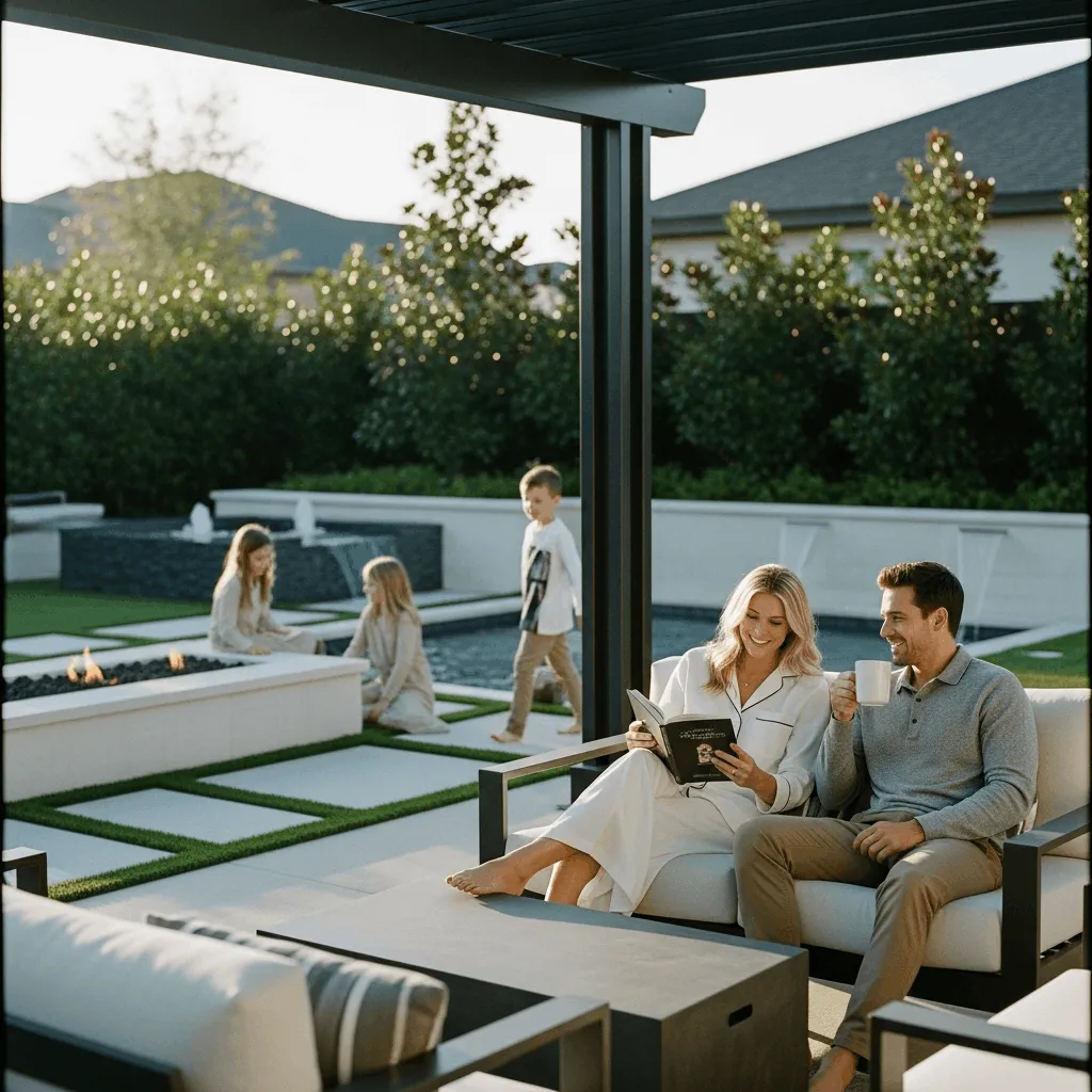 Couple relaxing under pergola in premium Nocatee backyard with year-round functionality, pool, and contemporary patio with high resale value