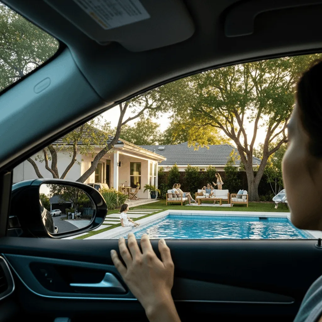 Or Another Year Driving Past Your Neighbors' Outdoor Spaces — person viewing a luxury Nocatee home with a stunning pool and outdoor living space from their car window, representing the contrast between builder-grade concrete slabs and premium outdoor living transformations available to Nocatee homeowners ready to stop waiting and start living