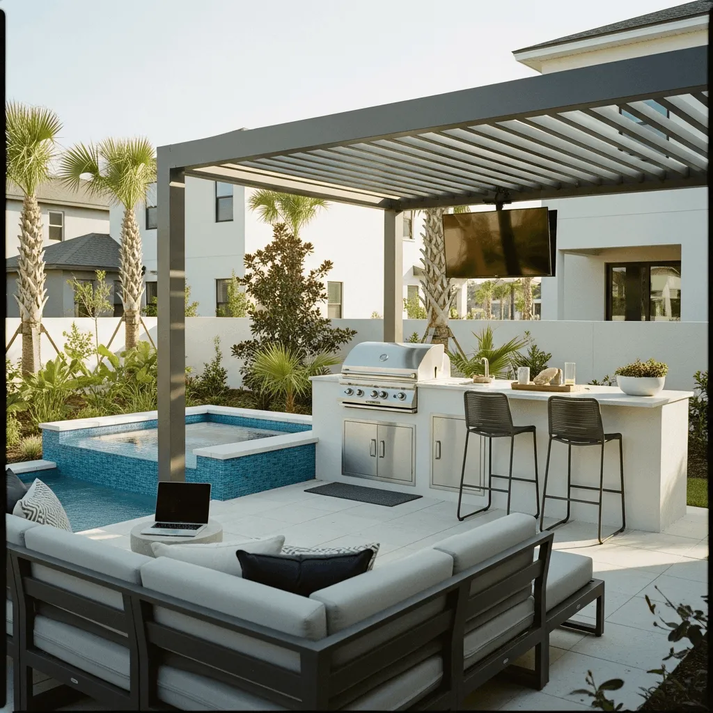 Why Nocatee Needs Outdoor Living Solutions — Nocatee Florida community statistics showing 400% population growth from 2010 to 2020, median household income of $148,853 top 1% in Northeast Florida, 50 expanding neighborhoods, 14,200 projected dwellings, and 38.5% work from home demand, alongside a luxury outdoor living space featuring a modern pergola, outdoor kitchen, plunge pool, and premium patio furniture built for small lot smart solutions