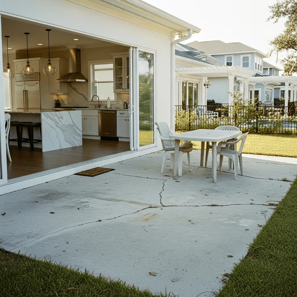 Cracked original builder concrete patio with plastic outdoor furniture outside a Ponte Vedra Beach home, contrasting with a renovated modern kitchen interior visible through open sliding glass doors