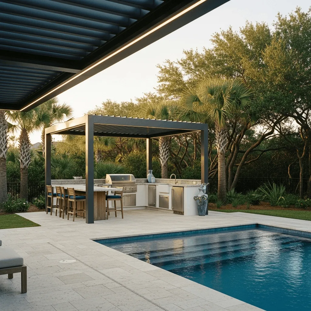 Luxury outdoor kitchen with modern louvered pergola, built-in grill, bar seating, and travertine pool deck installed by Titan Outdoor Solutions in Ponte Vedra Beach FL
