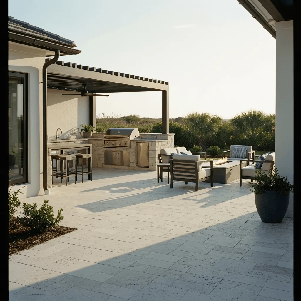 Upgraded Ponte Vedra Beach outdoor space with travertine stone patio, StruXure climate-controlled pergola, outdoor kitchen, and fire feature replacing cracked 2008 concrete for $800K+ home investment