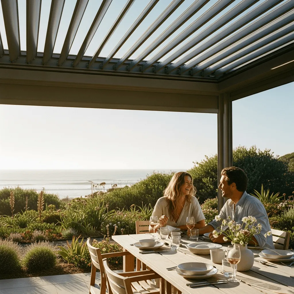 Couple dining outdoors under adjustable louvered pergola with coastal ocean views, showcasing year-round weather protection with automatic rain louvers and adjustable shade for outdoor entertaining and living