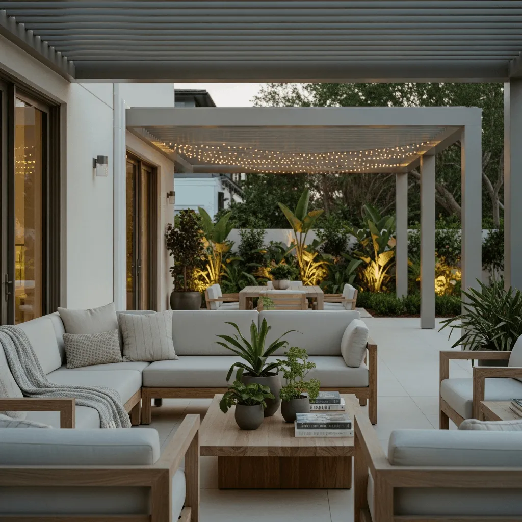 Luxury Ponte Vedra Beach outdoor living space with modern pergolas and lounge seating protecting home value with 50-70% resale return, competing with new construction standards