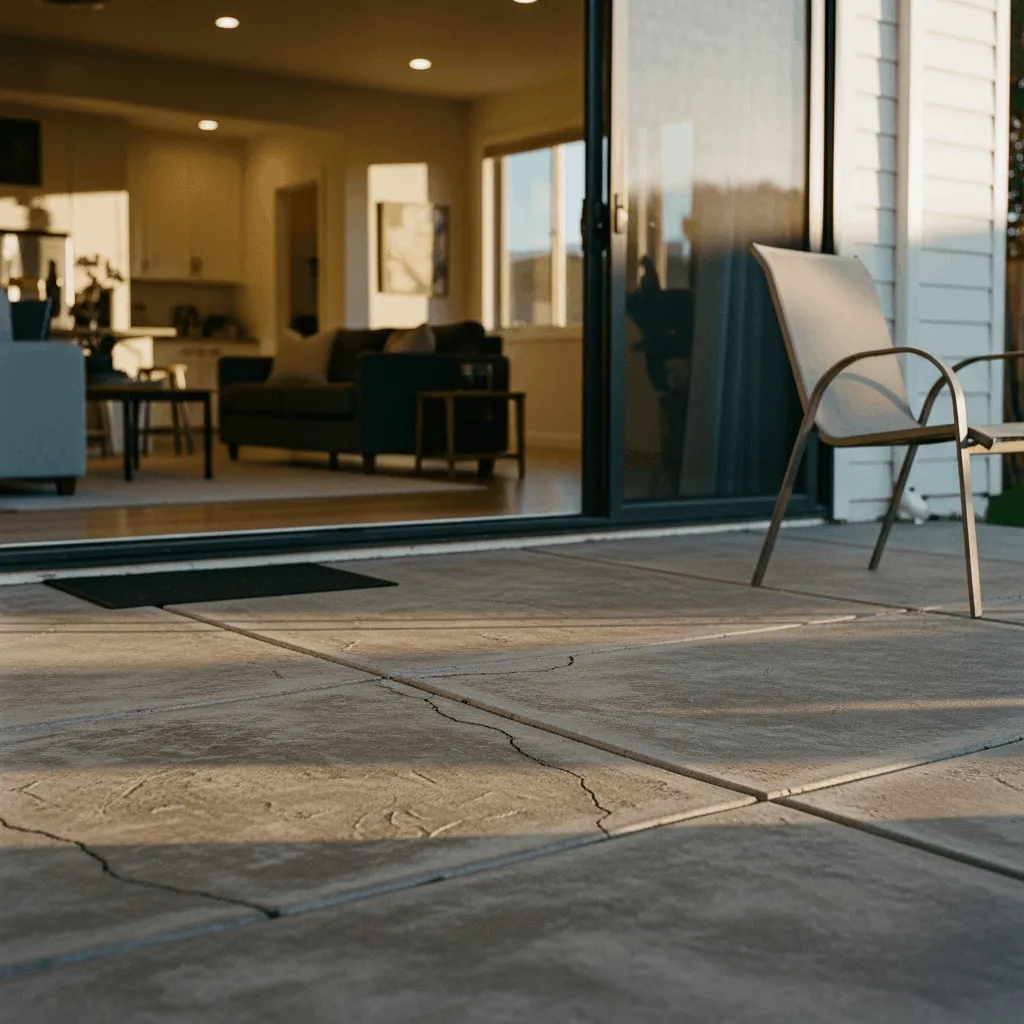 Cracked and stained original 2008 builder concrete patio with worn metal chair outside sliding glass door of Ponte Vedra Beach home needing outdoor renovation