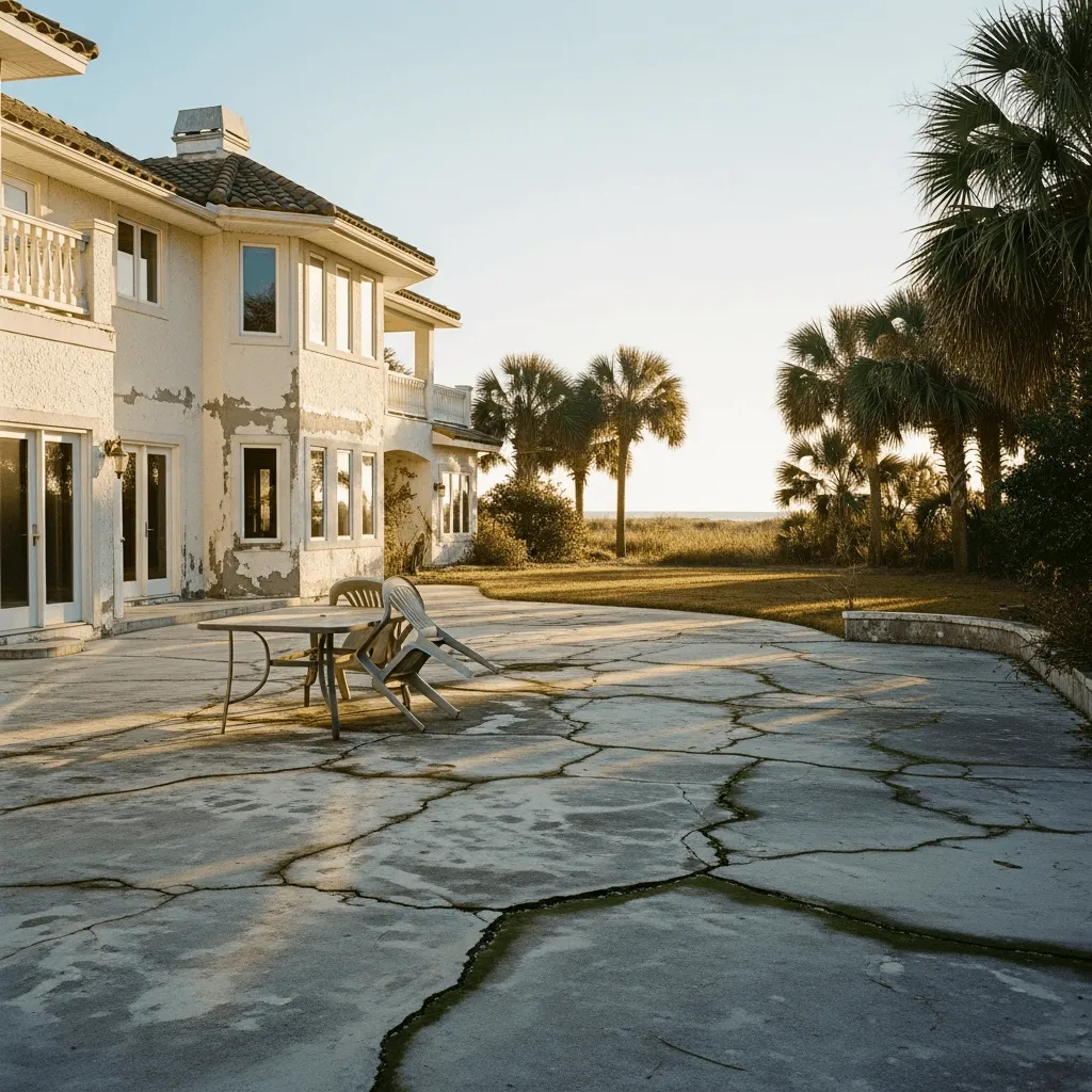 Severely cracked and deteriorating original builder concrete patio with plastic furniture outside a large two-story Ponte Vedra Beach coastal home needing outdoor renovation
