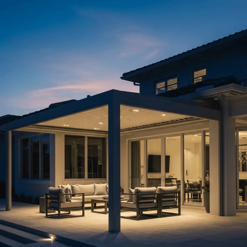 Luxury Florida home with permanent motorized pergola increasing property value and usable outdoor living space.