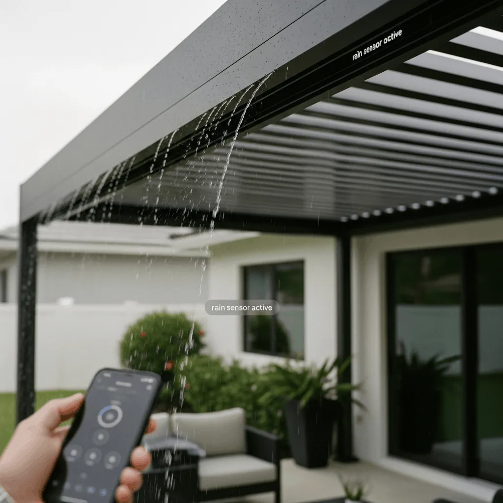 Motorized louvered pergola automatically closing during rain with integrated sensors, providing waterproof patio protection in Florida.