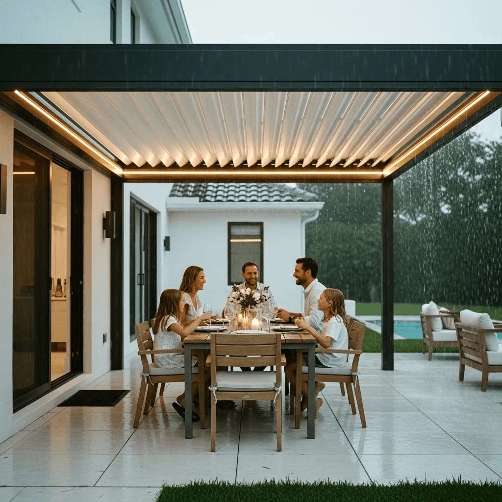 Florida patio transformed into year-round outdoor living space with motorized pergola and integrated LED lighting.