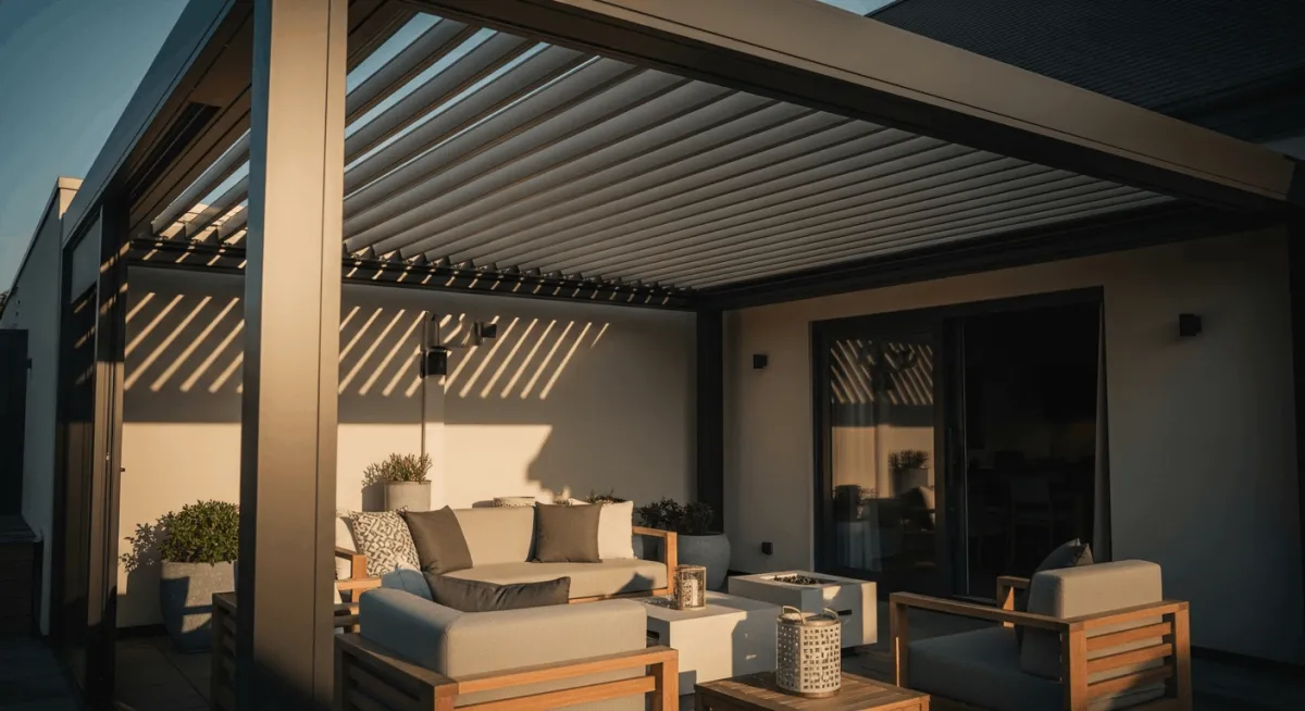 StruXure Smart Pergola $15K-$45K with climate-controlled motorized louvers engineered for St. Augustine coastal conditions, adjusting for afternoon storms and intense sun, salt air tested components, rain sensors, integrated lighting, 14'x18' to 18'x24' sizes for city lots, beach properties, and historic district homes