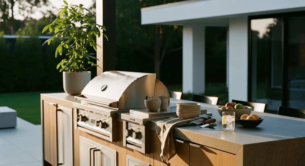 Outdoor kitchen $10K-$60K complete cooking space for St. Augustine outdoor dining culture with marine-grade stainless steel for coastal salt air, grill, sink, fridge, bar seating, L-shaped or linear configurations sized for property, hosting at home not always eating downtown
