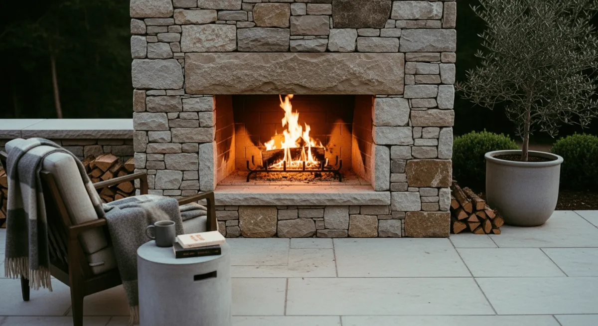 Outdoor fireplace $8K-$30K stone design with gas fire pit or fireplace perfect for St. Augustine mild winters 50-65°F December-February, extending outdoor season into cool months, gathering centerpiece for coastal evenings, backyard usable even in Januar