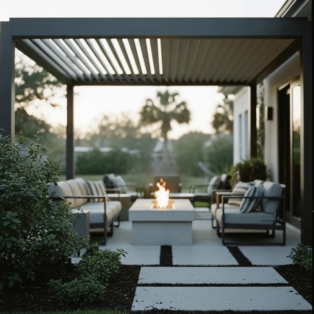 St. Augustine outdoor living space with adjustable pergola and fire feature for year-round use 12 months, mild winters 50-65°F perfect for outdoor living, pergola adjusting for summer shade and rain, spring and fall perfection, not just October through April