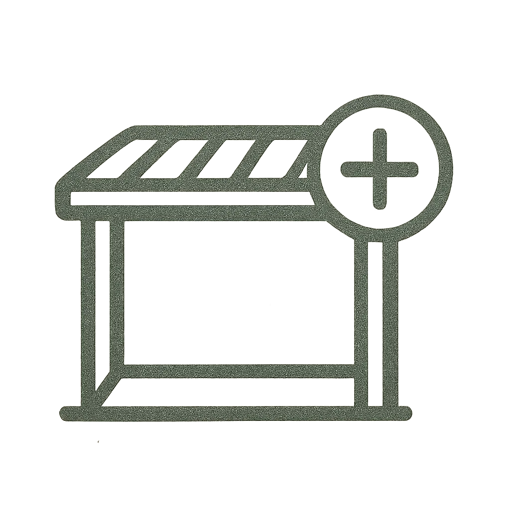 Outdoor kitchen structure with a plus sign icon representing how stone countertops and stainless appliances enhance outdoor spaces.