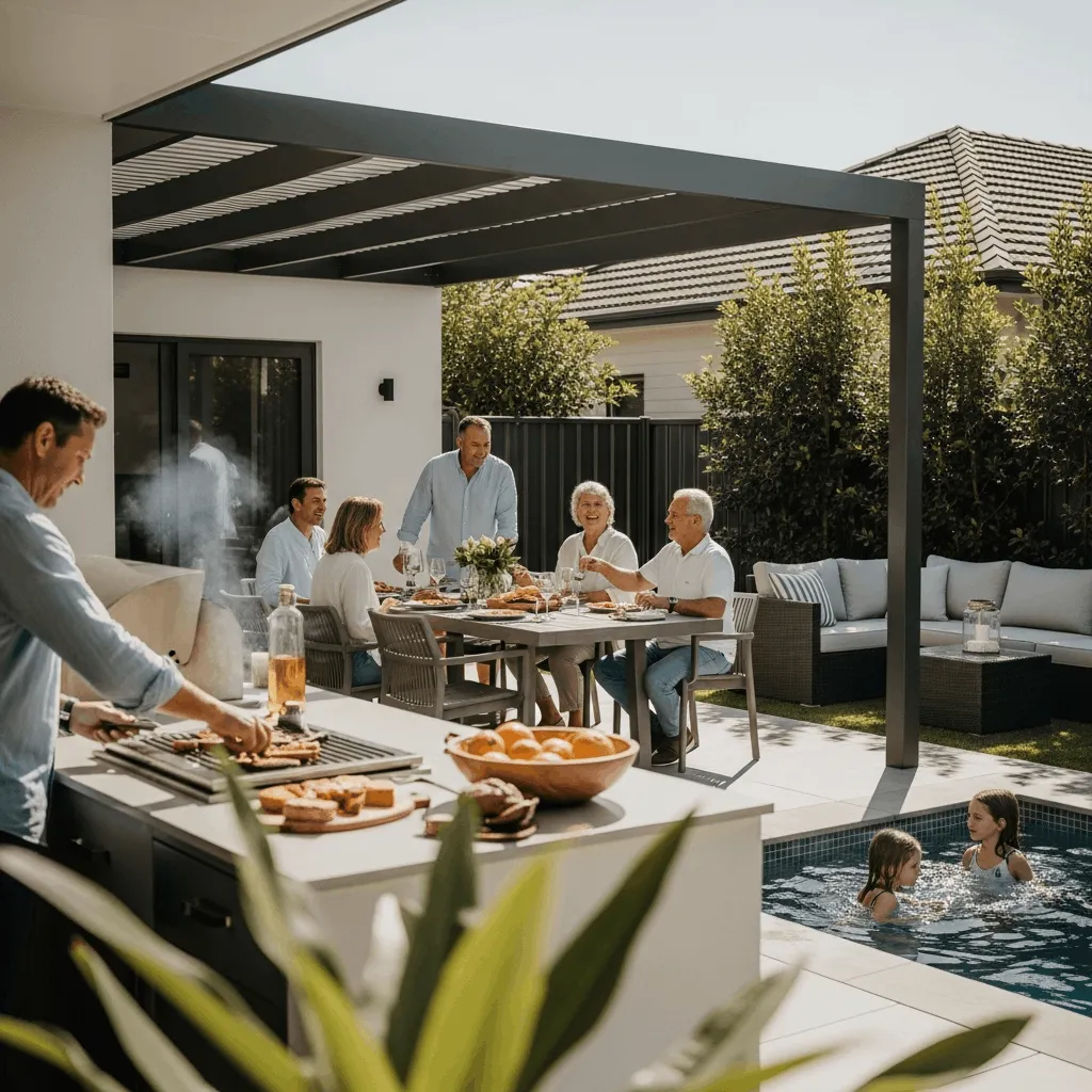 Family gathering in backyard with kids and grandkids visiting for weekend, not cramped inside 1,800 square foot home, cooking in outdoor kitchen, everyone eating under pergola, grandkids swimming in plunge pool, actually enjoying hosting instead of feeling overwhelmed