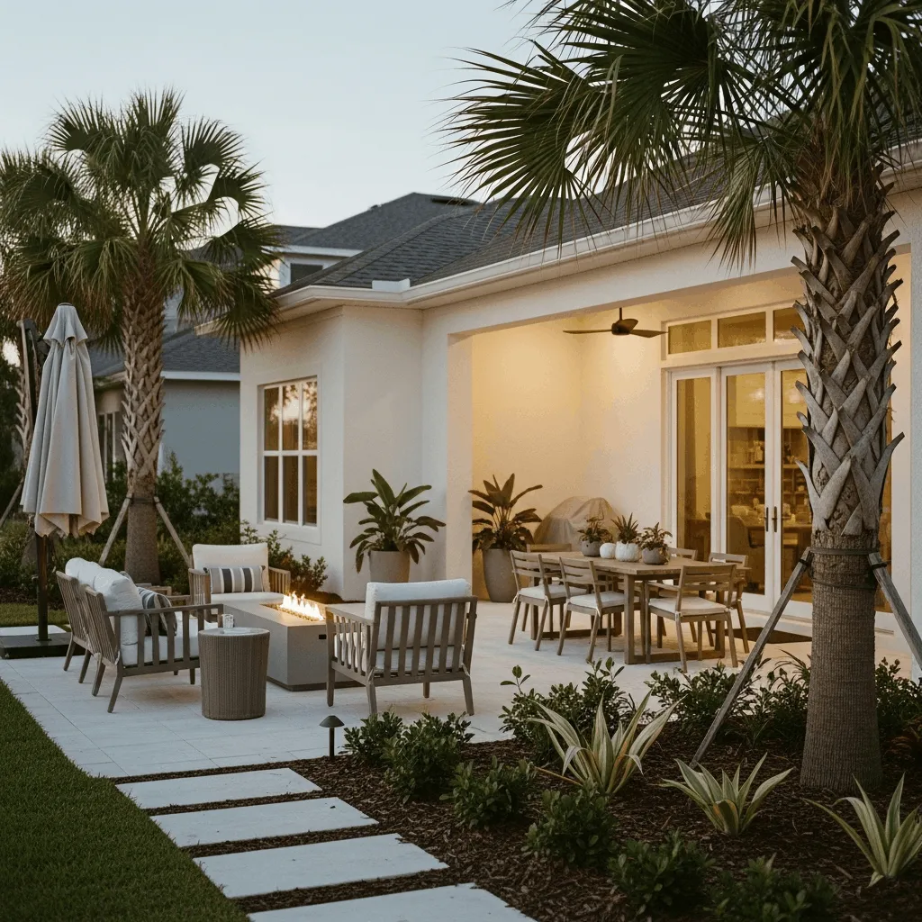 Palm Coast home outdoor living space used every single day for morning coffee outside, lunch on patio, afternoon reading in shade, evening dinner with spouse, cool winter evening by fire pit, outdoor space became most-used room, finally living Palm Coast retirement imagined
