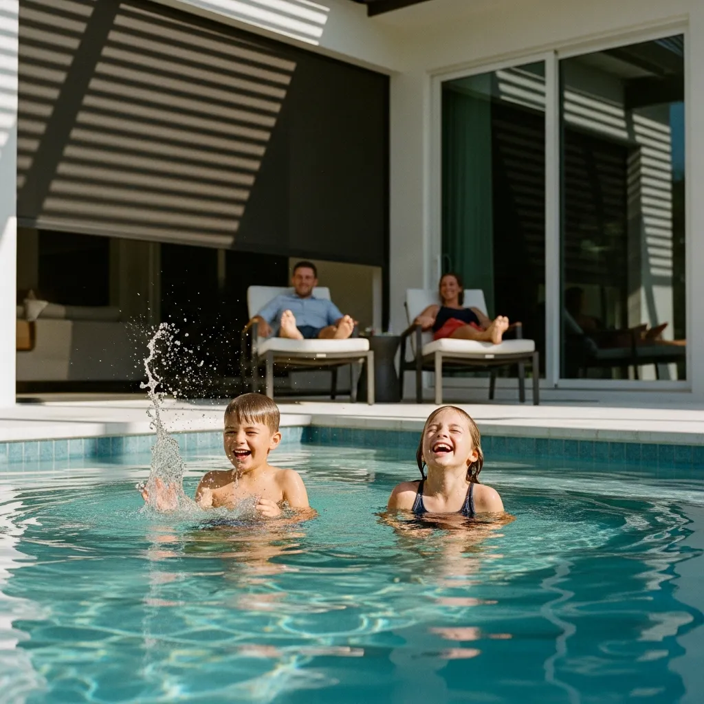 Kids swimming in Florida plunge pool at home with motorized screen shade system overhead.