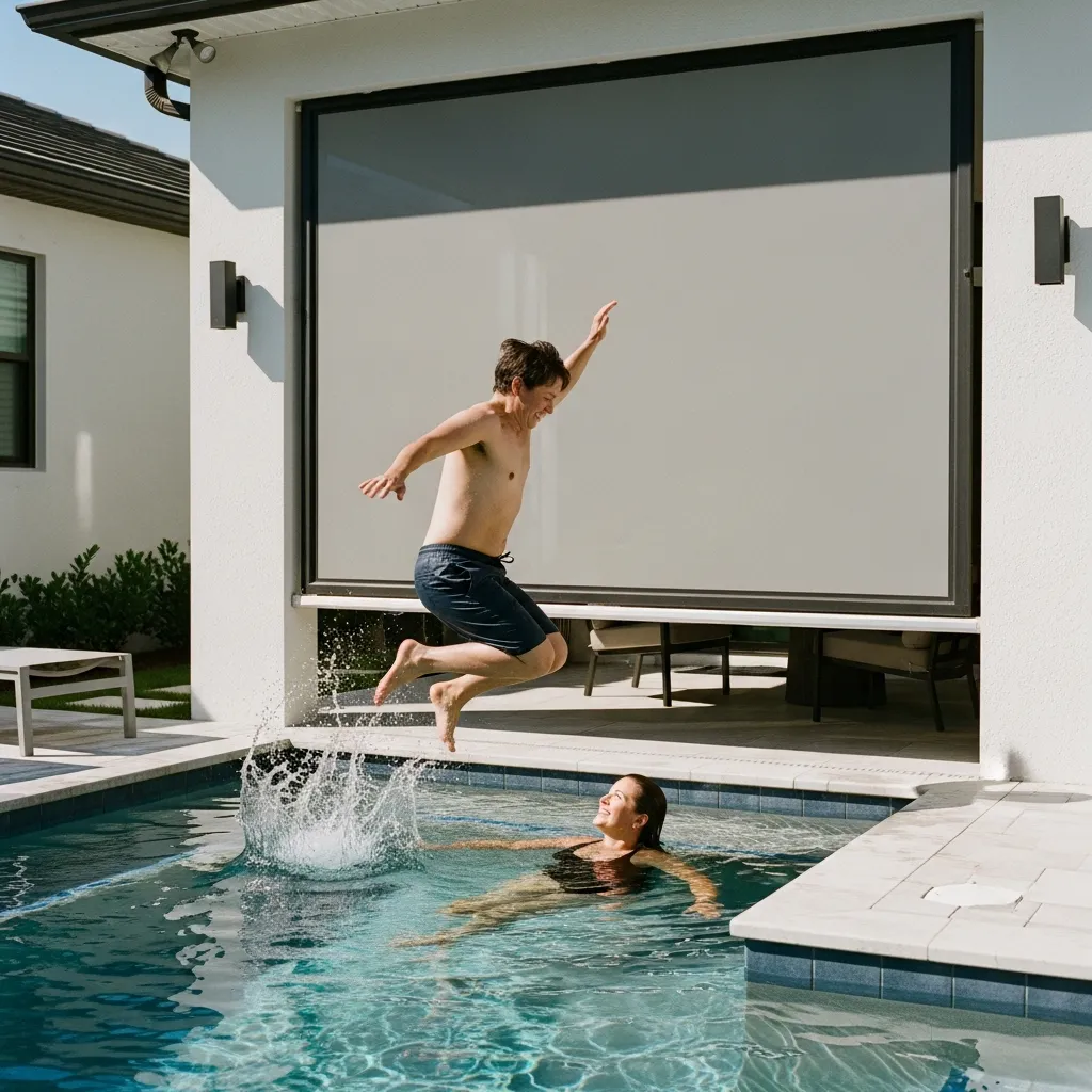 Florida homeowner cooling off in compact plunge pool with motorized screen shade during heat wave.