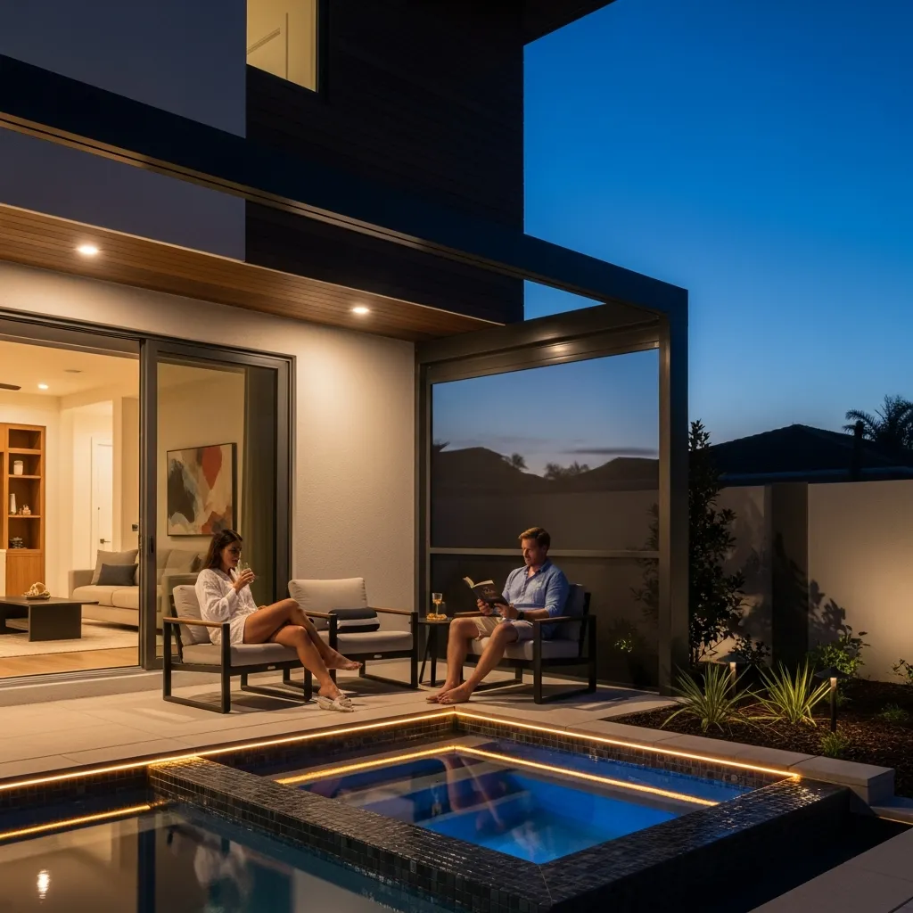 Luxury Florida home with plunge pool and motorized screen enclosure increasing property value.