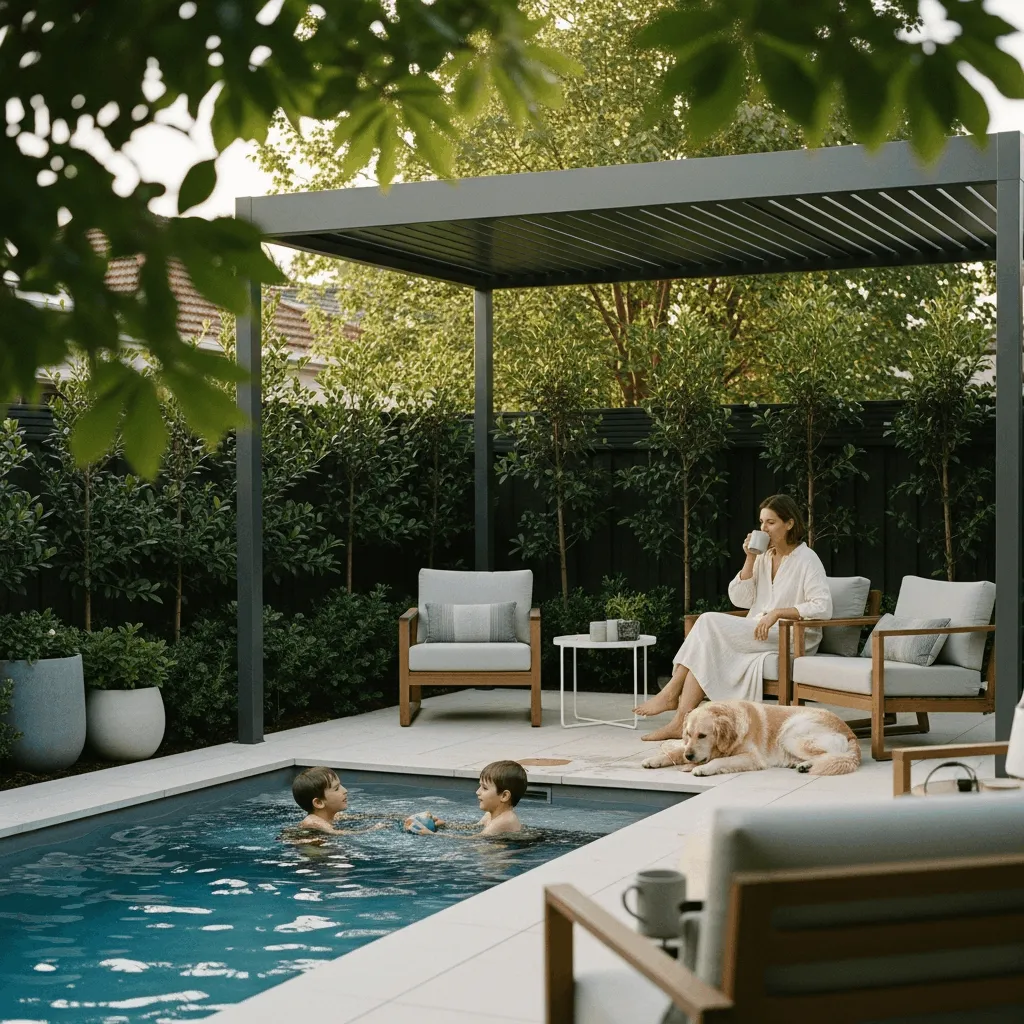 Family relaxing Saturday morning with kids swimming in plunge pool in Southside Jacksonville backyard under StruXure pergola, parents sitting with coffee watching, not loading beach chairs, fighting beach traffic, searching for parking at Atlantic Beach, staying home with happy kids and relaxed parents