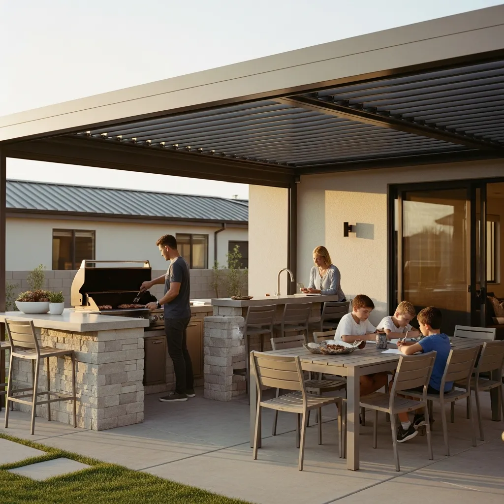 Family cooking at home again 6:30pm Tuesday, grilling in outdoor kitchen under pergola with adjusted louvers for shade and airflow at 88 degrees, instead of heating up kitchen with oven, spouse sitting at outdoor bar, kids doing homework at outdoor table, eating outside together instead of ordering Chipotle and eating in front of TV