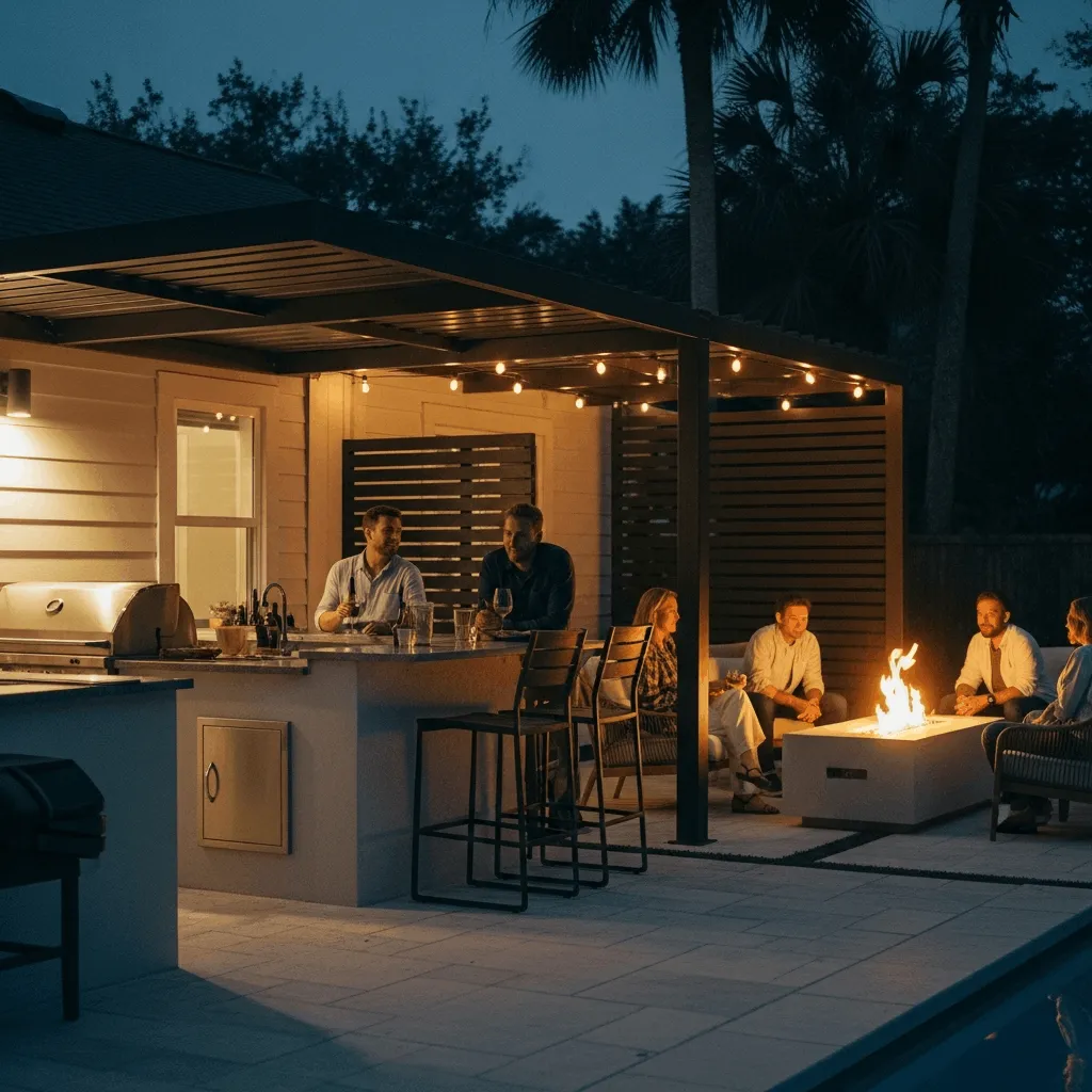 Jacksonville home gathering place Friday night friends coming hosting at house not Town Center outdoor kitchen ready fire pit going sitting under pergola home became somewhere people want to be including you