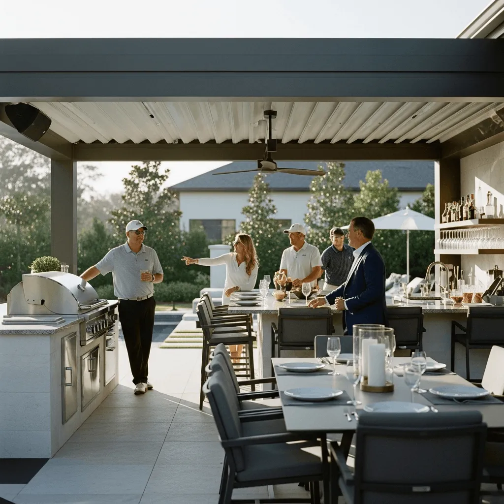 Chef grilling at a professional outdoor kitchen station under a white louvered pergola with a large dining area for guests.