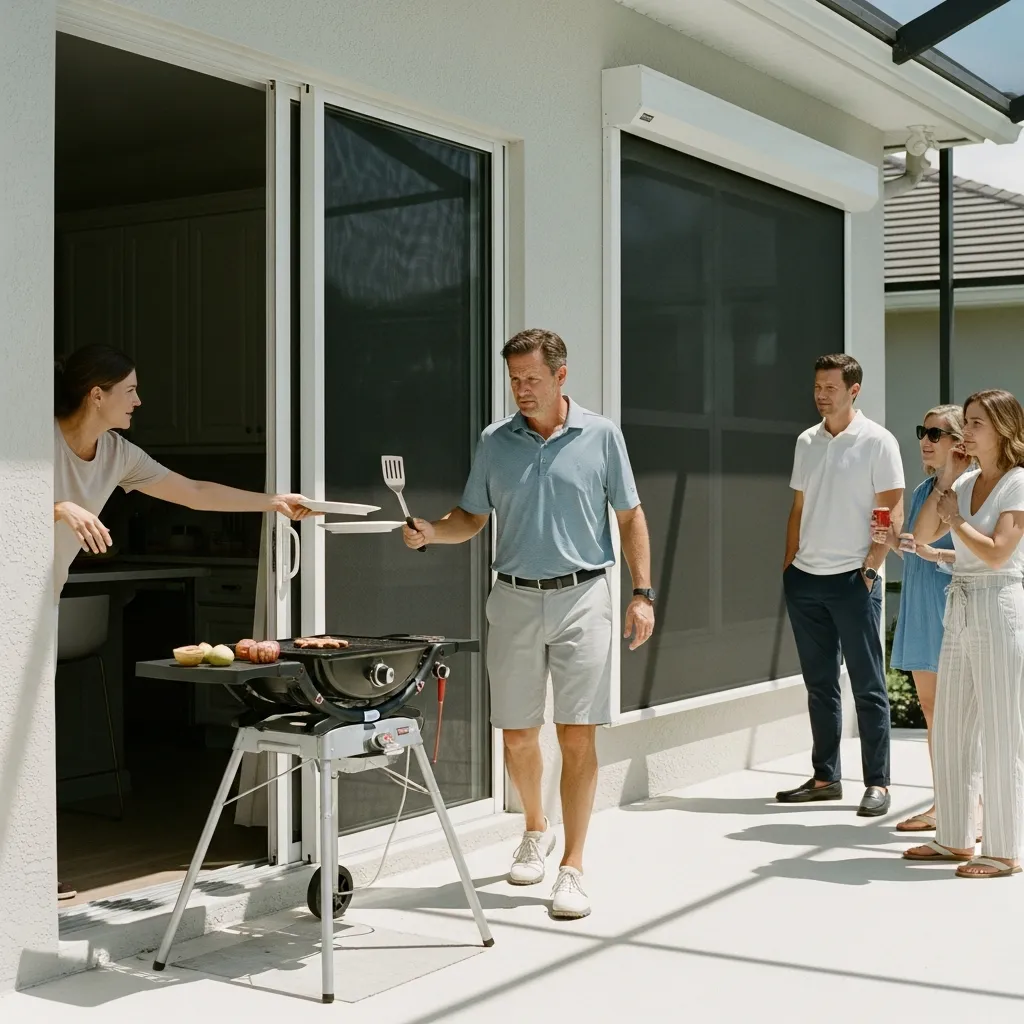 A man grilling burgers on a basic portable propane grill on a sun-drenched patio while a hand reaches from inside the house to pass him a plate.